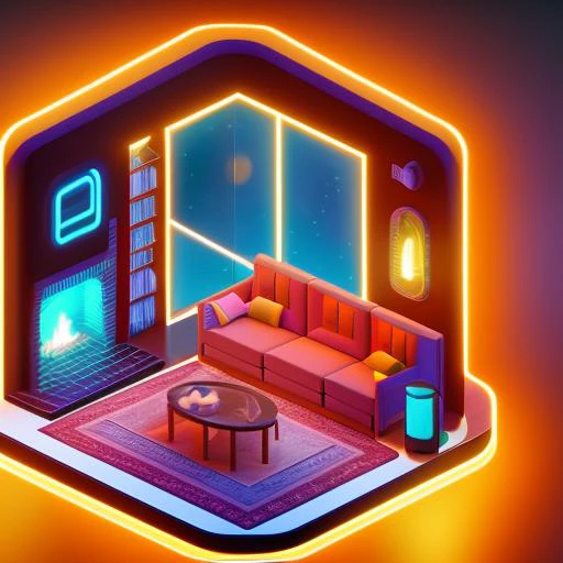 cozy living room with fireplace,neon astronaut,,8k,3d,isometric,isometricfuture,centered subject