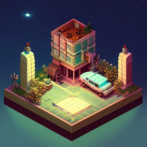 IsometricFuture, 1990s vaporwave, isometric cutaway, night sky, city view, Depth of Field, Full-HD, Rim Lighting, Vibrant Sharp Cinematic Lighting, Shadows, Chromatic Aberration, art by artgerm, greg rutowski, square enix, unreal engine 5, FXAA, IsometricFuture