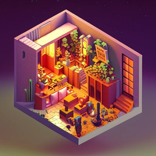 IsometricFuture, 1990s vaporwave, isometric cutaway, night sky, city view, Depth of Field, Full-HD, Rim Lighting, Vibrant Sharp Cinematic Lighting, Shadows, Chromatic Aberration, art by artgerm, greg rutowski, square enix, unreal engine 5, FXAA, IsometricFuture