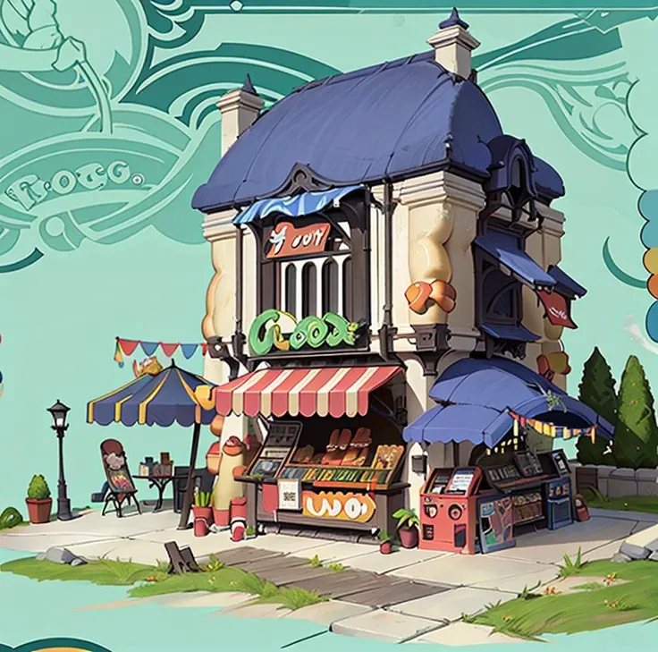 best quality,highly detailed,masterpiece,ultra-detailed,illustration,yishuhui, architecture, no_humans, solo, outdoors, food, tree, window, umbrella,((hot dog)),chair, table, plant, building, scenery, smoke, sign, potted_plant, bench, lamppost, shop, vending_machine, storefront,<lora:yishuhui_V1-000007:1>