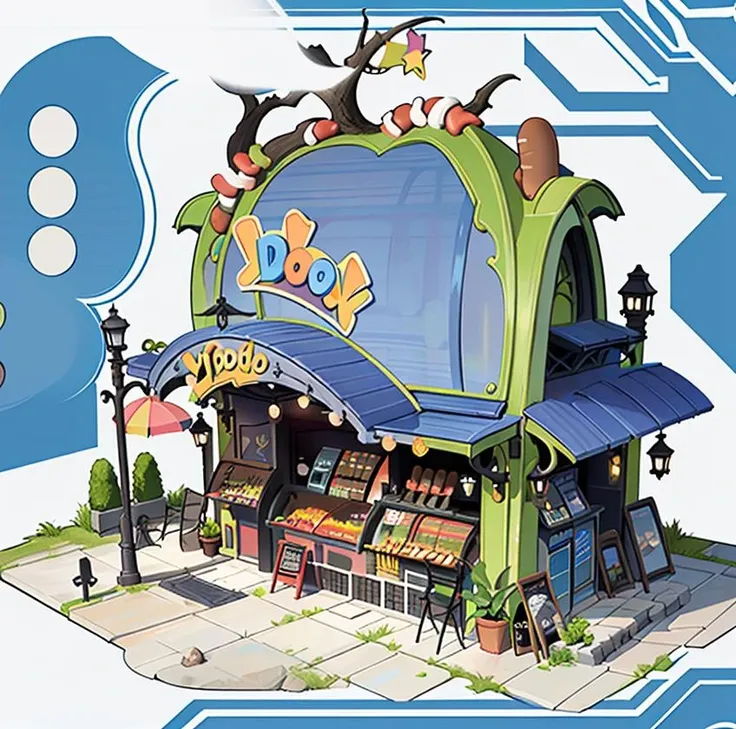 best quality,highly detailed,masterpiece,ultra-detailed,illustration,yishuhui, architecture, no_humans, solo, outdoors, food, tree, window, umbrella,((hot dog)),chair, table, plant, building, scenery, smoke, sign, potted_plant, bench, lamppost, shop, vending_machine, storefront,<lora:yishuhui_V1-000007:1>