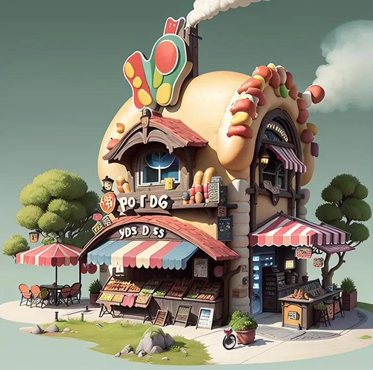 best quality,highly detailed,masterpiece,ultra-detailed,illustration,yishuhui, architecture, no_humans, solo, outdoors, food, tree, window, umbrella,((hot dog)),chair, table, plant, building, scenery, smoke, sign, potted_plant, bench, lamppost, shop, vending_machine, storefront,<lora:yishuhui_V1-000007:1>