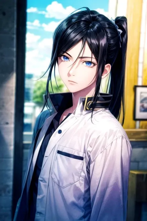 masterpiece, best quality, photorealistic, 1boy, solo, male focus, looking at viewer, upper body, depth of field, (watercolor illustration, soft pastel colors:1.1), , <lora:kurou_yatogami:0.74>, kurou_yatogami, black hair, blue eyes, long hair, ponytail, ninja costume, science fiction hard science fiction, 4k resolution
