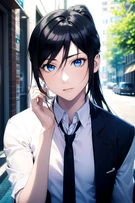 masterpiece, best quality, photorealistic, 1boy, solo, male focus, looking at viewer, upper body, depth of field, , realistic, <lora:kurou_yatogami:0.72>, kurou_yatogami, black hair, blue eyes, long hair, ponytail, , dieselpunk,