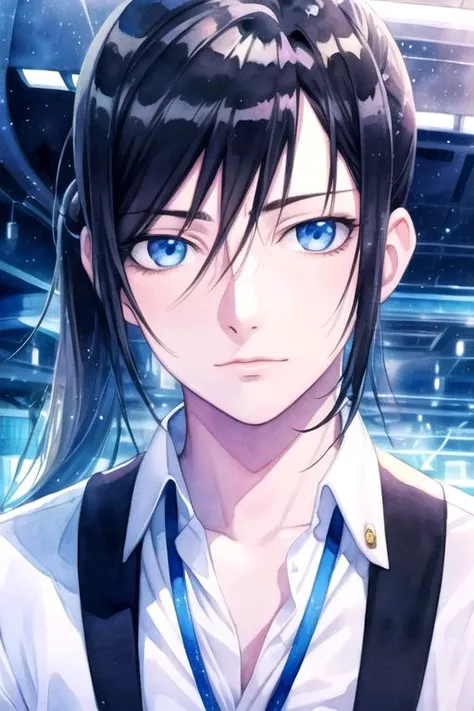 masterpiece, best quality, photorealistic, 1boy, solo, male focus, looking at viewer, , , (watercolor illustration, soft pastel colors:1.1), realistic, <lora:kurou_yatogami:0.68>, kurou_yatogami, black hair, blue eyes, long hair, ponytail, , tam, sci-fi, HD-DVD