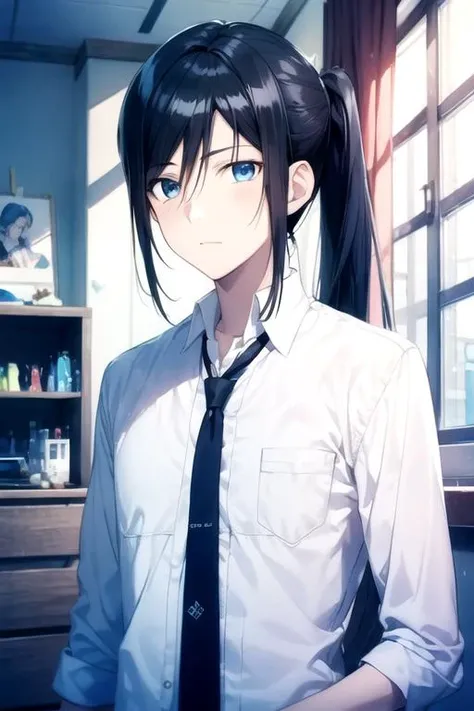 masterpiece, best quality, game cg, 1boy, solo, male focus, looking at viewer, upper body, , (watercolor illustration, soft pastel colors:1.1), , <lora:kurou_yatogami:0.66>, kurou_yatogami, black hair, blue eyes, long hair, ponytail, , science fiction alternate history,