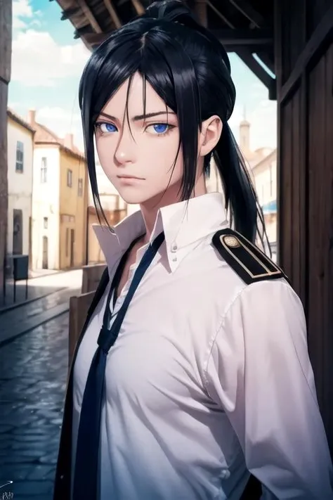 masterpiece, best quality, photorealistic, 1boy, solo, male focus, looking at viewer, upper body, depth of field, , realistic, <lora:kurou_yatogami:0.68>, kurou_yatogami, black hair, blue eyes, long hair, ponytail, captain costume, medieval europe,