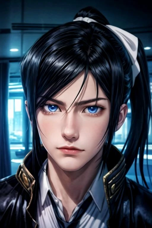masterpiece, best quality, photorealistic, 1boy, solo, male focus, looking at viewer, , , anime coloring, , <lora:kurou_yatogami:0.72>, kurou_yatogami, black hair, blue eyes, long hair, ponytail, , science fiction xenopunk,