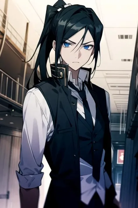 masterpiece, best quality, wallpaper, 1boy, solo, male focus, looking at viewer, , , , , <lora:kurou_yatogami:0.68>, kurou_yatogami, black hair, blue eyes, long hair, ponytail, vest, homburg, science fiction apocalyptic and post-apocalyptic,