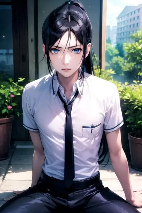 masterpiece, best quality, , 1boy, solo, male focus, looking at viewer, , , , realistic, <lora:kurou_yatogami:0.74>, kurou_yatogami, black hair, blue eyes, long hair, ponytail, indian costume, biopunk,