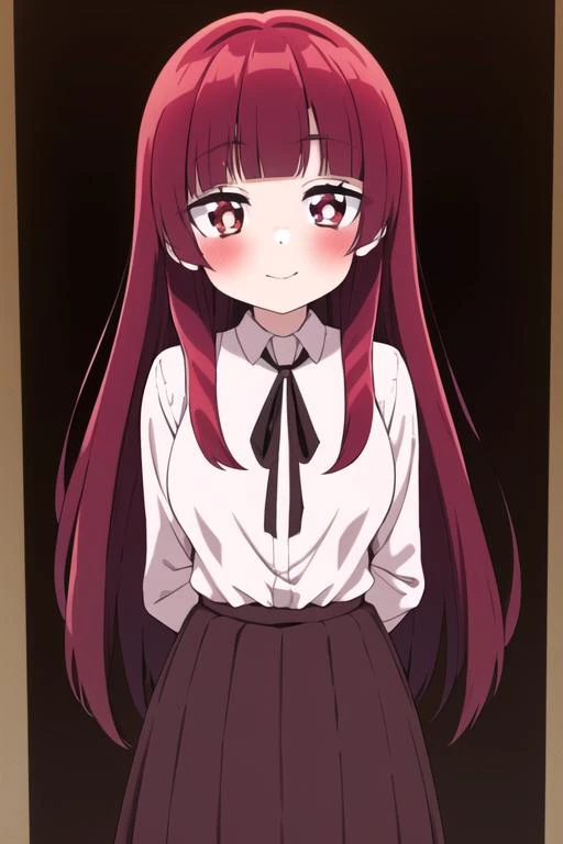 ((masterpiece, best quality)),1girl,standing,large breasts,smile, bangs, yaeka sakuragi, blush, collared_shirt, long_hair, long_sleeves, looking_at_viewer, pleated_skirt, ,neck_ribbon, red_hair,white shirt,arms behind back,<lora:yaekamix:1>