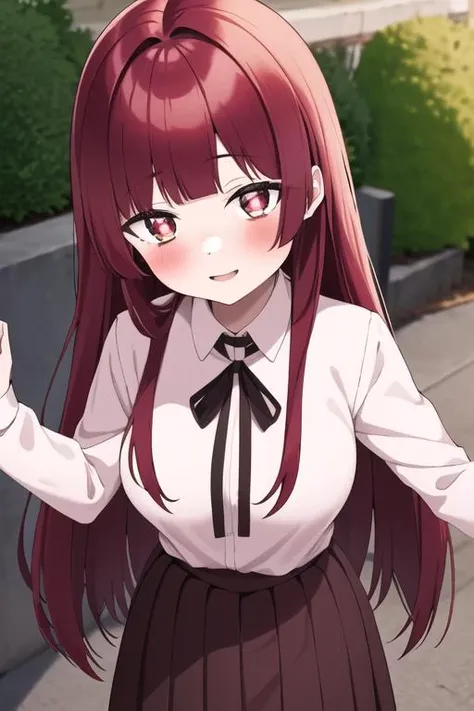 ((masterpiece, best quality)),1girl,standing,smile,large breasts,((adult,20year old girl)), outdoors,bangs, yaeka sakuragi, blush, collared_shirt, long_hair, long_sleeves, looking_at_viewer, pleated_skirt, ,neck_ribbon, red_hair,white shirt,<lora:yaekamix:0.9>