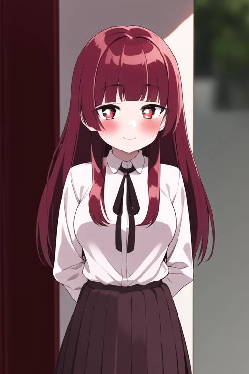 ((masterpiece, best quality)),1girl,standing,large breasts,smile, bangs, yaeka sakuragi, blush, collared_shirt, long_hair, long_sleeves, looking_at_viewer, pleated_skirt, ,neck_ribbon, red_hair,white shirt,arms behind back,<lora:yaekamix:1>