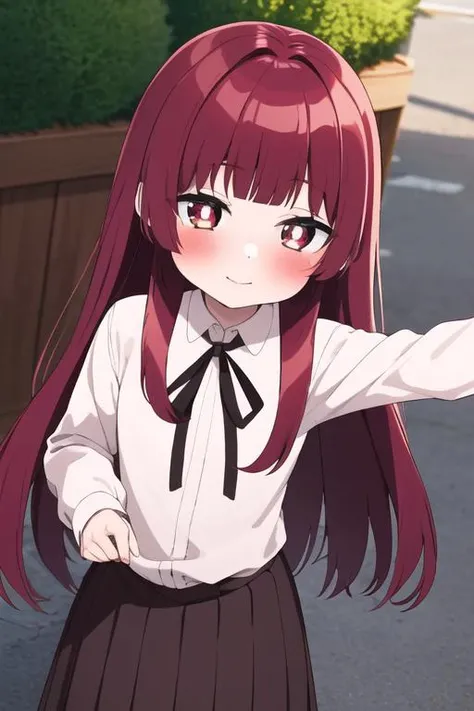 ((masterpiece, best quality)),1girl,standing,smile, outdoors,bangs, yaeka sakuragi, blush, collared_shirt, long_hair, long_sleeves, looking_at_viewer, pleated_skirt, ,neck_ribbon, red_hair,white shirt,<lora:yaekamix:0.9>