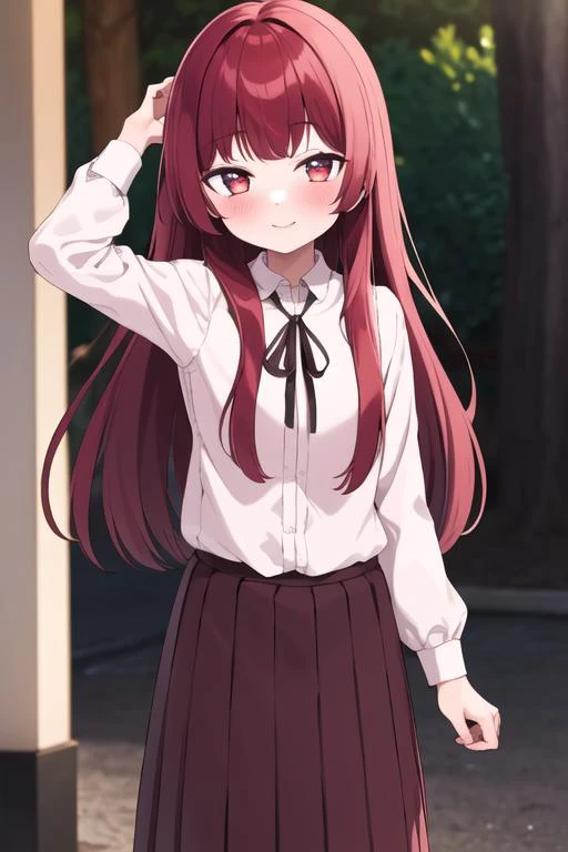 ((masterpiece, best quality)),1girl,standing,smile, outdoors,bangs, yaeka sakuragi, blush, collared_shirt, long_hair, long_sleeves, looking_at_viewer, pleated_skirt, ,neck_ribbon, red_hair,white shirt,<lora:yaekamix:0.9>
