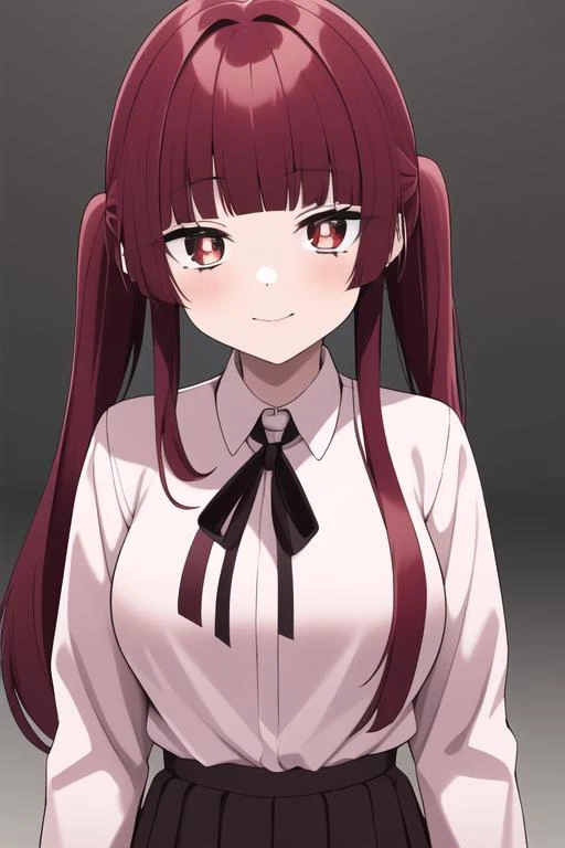 ((masterpiece, best quality)),1girl,standing,smile,large breasts,bangs, yaeka sakuragi,(pony tail), ((20 years old girl,adult)),collared_shirt, long_hair, long_sleeves, looking_at_viewer, pleated_skirt, ,neck_ribbon, red_hair,white shirt,pov,<lora:yaekamix:0.8>
