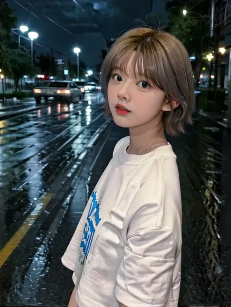 <lora:Riku_v1.0:1>, masterpiece, best quality, on street, rain, white t-shirt, night,
