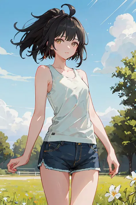 POV, cowboy_shot,  SIRIS, tank top, shorts,  black_hair, ponytail, ahoge, yellow_eyes, 1girl, solo, standing, looking at viewer, afternooners, park, weeds,blue_sky,  dappled_sunlight,  (masterpiece,best quality,beautiful and aesthetic:1.2),    <lora:SIRIS-v1:0.6>
