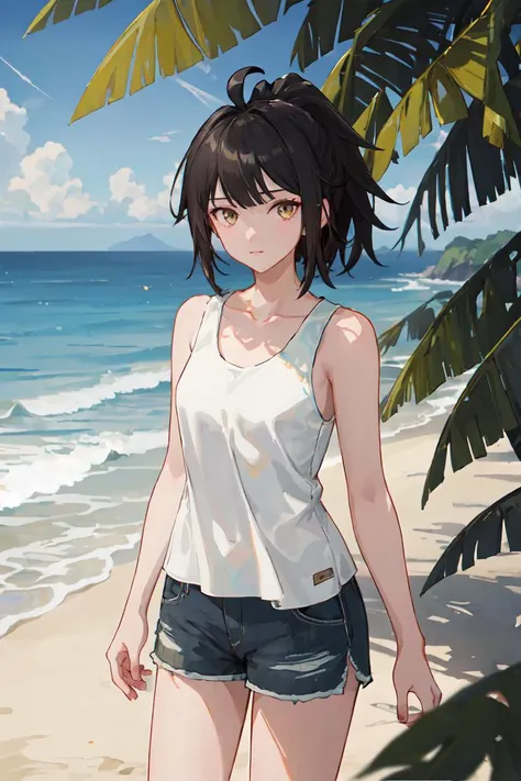 POV, cowboy_shot, SIRIS, tank top, shorts, black_hair, ponytail, ahoge, yellow_eyes, 1girl, solo, standing, looking at viewer, afternooners, beach,sea, dappled_sunlight, (masterpiece,best quality,beautiful and aesthetic:1.2), <lora:SIRIS-v1:0.6>