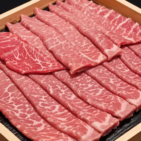 Visualize a delicate piece of premium Japanese Wagyu beef, held aloft by a pair of elegant chopsticks. Half of the Wagyu slice is submerged in a simmering hot pot broth, with steam rising, capturing the very moment of cooking. The Wagyu's signature marbling should be prominently visible, with the intricate patterns of fat weaving through the meat. This rich oil marbling should shimmer and reflect light, emphasizing its luxury and adding a sense of realism. The vibrant pinkish-red of the Wagyu contrasts beautifully with the clear or slightly tinted broth. The chopsticks, possibly made of wood or bamboo, should be positioned in a way that showcases the Wagyu slice as the centerpiece. The photograph's quality should be of high resolution, capturing the fine details of the Wagyu, the movement of the broth, and the glistening reflection off the marbling,<lora:jpbeef:0.45>