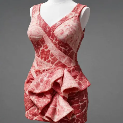 Visualize a unique and avant-garde dress, meticulously crafted using pieces of meat, seamlessly stitched together to form a cohesive garment. This dress should drape elegantly over a human mannequin, showcasing the meat's natural textures and colors. The mannequin should stand confidently, emphasizing the dress's unconventional beauty. The meat should appear fresh, with varying shades of reds and pinks, and the stitching should be discreet, allowing the meat pieces to appear as if they're naturally connected. The overall ambiance should be sophisticated, with a spotlight focusing on the dress, highlighting its intricate details and craftsmanship,<lora:jpbeef:0.55>