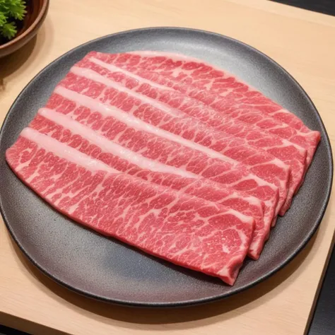 An enticing plate filled with premium Japanese Wagyu beef slices, specifically prepared for hot pot. Each slice should showcase the signature marbling of Wagyu, with intricate patterns of fat interspersed within the meat, giving it a luxurious appearance. The rich oil marbling should glisten, emphasizing the beef's high quality and tenderness. The color of the Wagyu should be a vibrant pinkish-red, with the white marbling contrasting beautifully. The plate itself should be elegant and understated, ensuring the Wagyu remains the star of the show. The photograph's quality should be of high resolution, capturing the unique texture and marbling of the Wagyu slices,<lora:jpbeef:0.55>