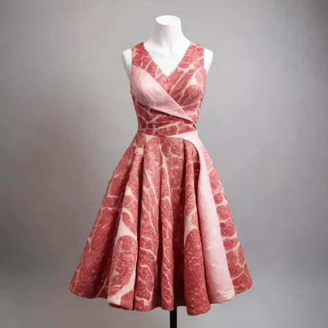 Visualize a unique and avant-garde dress, meticulously crafted using pieces of meat, seamlessly stitched together to form a cohesive garment. This dress should drape elegantly over a human mannequin, showcasing the meat's natural textures and colors. The mannequin should stand confidently, emphasizing the dress's unconventional beauty. The meat should appear fresh, with varying shades of reds and pinks, and the stitching should be discreet, allowing the meat pieces to appear as if they're naturally connected. The overall ambiance should be sophisticated, with a spotlight focusing on the dress, highlighting its intricate details and craftsmanship,<lora:jpbeef:0.55>