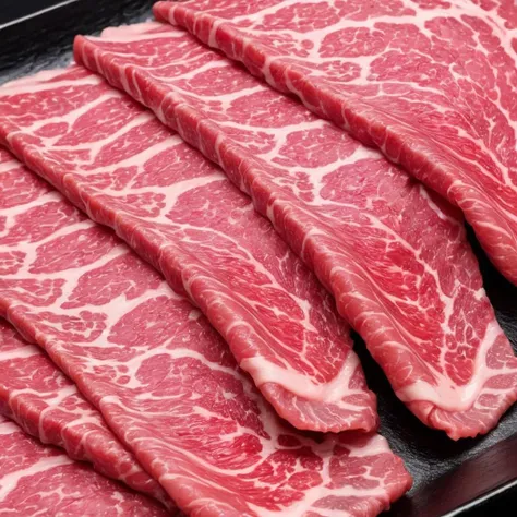 An enticing stack of premium Japanese Wagyu beef slices, meticulously arranged for hot pot, bathed in a focused ambient light that accentuates the meat's surface. This light should make the intricate patterns of fat within the Wagyu shimmer, emphasizing its luxury and enhancing its realism. The Wagyu's signature marbling should glisten under the light, reflecting its rich oil content. The color of the beef should be a deep, vibrant pinkish-red, with heightened saturation and contrast to make it pop. The plate, elegant and understated, should serve as a foundation for the towering Wagyu slices. The photograph's quality should be of high resolution, capturing the depth and height of the stacked Wagyu slices, emphasizing their volume and abundance,<lora:jpbeef:0.45>