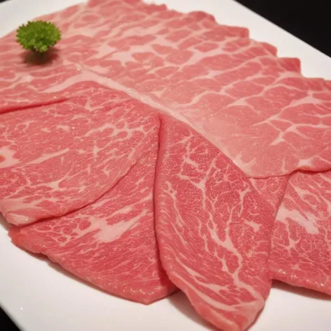 An enticing plate filled with premium Japanese Wagyu beef slices, specifically prepared for hot pot. Each slice should showcase the signature marbling of Wagyu, with intricate patterns of fat interspersed within the meat, giving it a luxurious appearance. The rich oil marbling should glisten, emphasizing the beef's high quality and tenderness. The color of the Wagyu should be a vibrant pinkish-red, with the white marbling contrasting beautifully. The plate itself should be elegant and understated, ensuring the Wagyu remains the star of the show. The photograph's quality should be of high resolution, capturing the unique texture and marbling of the Wagyu slices,<lora:jpbeef:0.55>