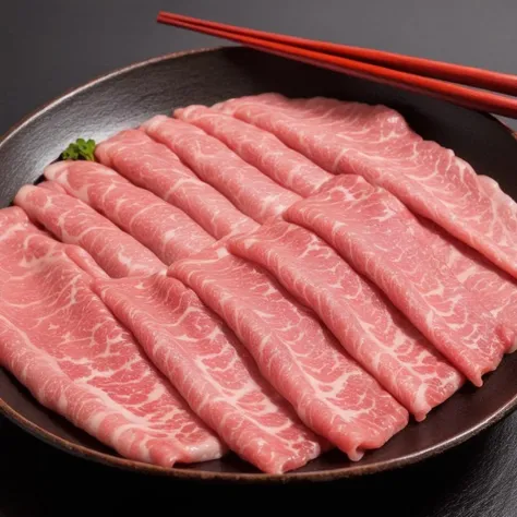 Visualize a delicate piece of premium Japanese Wagyu beef, held aloft by a pair of elegant chopsticks. Half of the Wagyu slice is submerged in a simmering hot pot broth, with steam rising, capturing the very moment of cooking. The Wagyu's signature marbling should be prominently visible, with the intricate patterns of fat weaving through the meat, emphasizing its luxury. The rich oil marbling should shimmer, especially where it meets the broth, highlighting the beef's unparalleled quality and tenderness. The vibrant pinkish-red of the Wagyu contrasts beautifully with the clear or slightly tinted broth. The chopsticks, possibly made of wood or bamboo, should be positioned in a way that showcases the Wagyu slice as the centerpiece. The photograph's quality should be of high resolution, capturing the fine details of the Wagyu and the movement of the broth,<lora:jpbeef:0.55>
