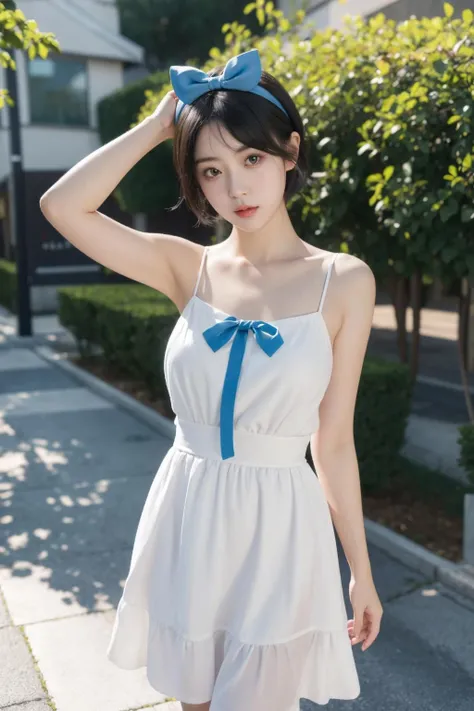 masterpiece、Highest quality、((Full body photography:1.6))、With the girls:her hair is black and short、14 years、Laughter、Your face is round and cute。(((White and blue teen casual fashion)))、Floral。white sandal shoes、Ribbons on the ankles。(running in the meadow With the girls:1.3)、scene:There is a beautiful scene floating in the background.、blue sky, White cloud, Green meadow and colorful flowers。The scene is softly painted like a watercolor painting.、It's a fantastic atmosphere。The scene expresses the imagination and sensibility of the girl、Pubic hair shows completely naked pubic hair) ,more_Become familiar with:1.5, (More and more_Become familiar with:1.9)、Remote location、Raise your hand to show your armpits、Random Pause