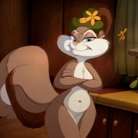 <lora:Aunt Slappy:1> anatomically correct, masterpiece, best high quality, RAW Photo, perfect anatomy, 4k, quality lighting, detailed hands, detailed eyes, solo, pear-shaped figured, cartoon, elderly, squirrel, Aunt Slappy, green hat with a flower, gray fur, blue eyes, <lora:BGV5EX:1> <lora:add_detail:1> <