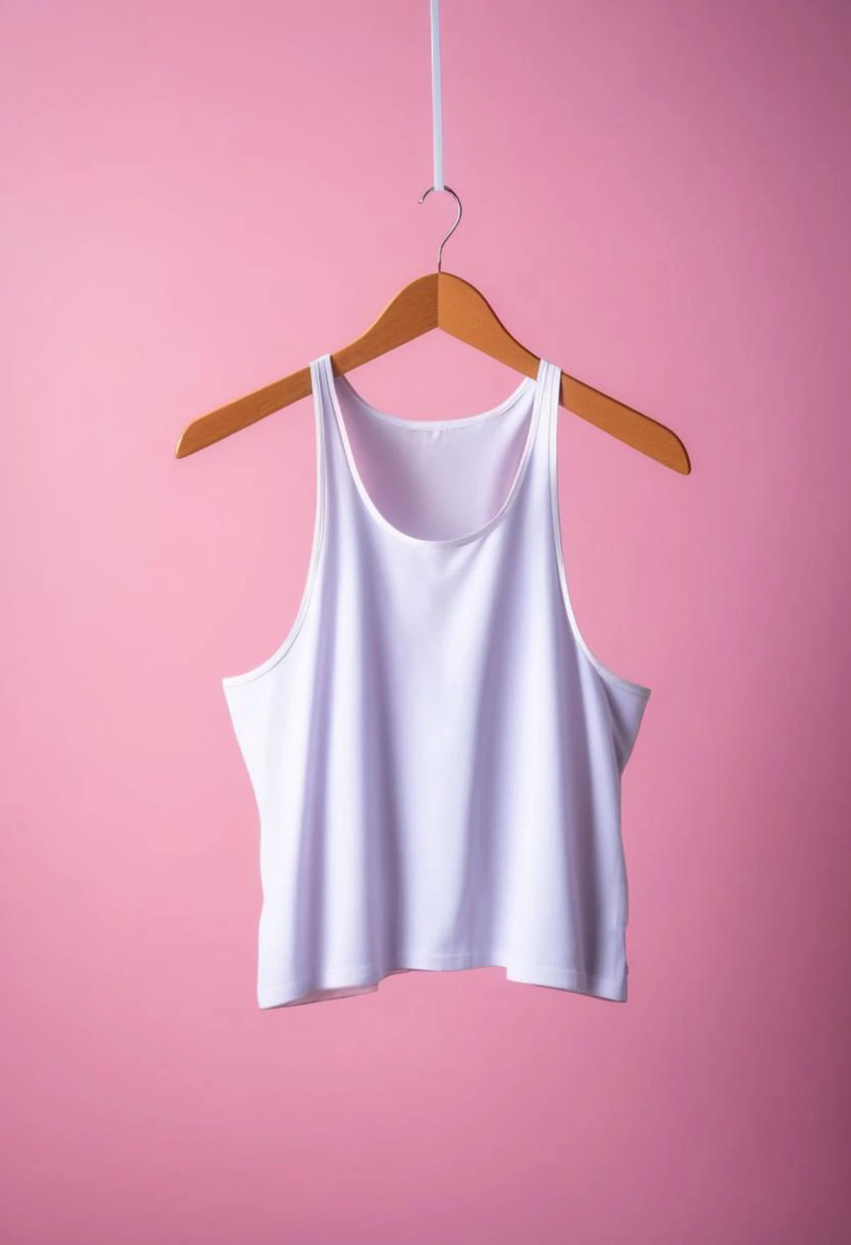 a close up of a white short midriff singlet hanging on a hanger, isolated background, studio lighting, product photography, professional, sharp focus, from behind,