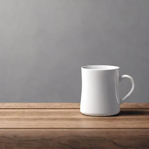 there is a white coffee mug sitting on a wooden table, asset on grey background, minimal shading, blank, [ [ hyperrealistic ] ], award-winning picture, empty background, high rendering, solid object in a void, white mug