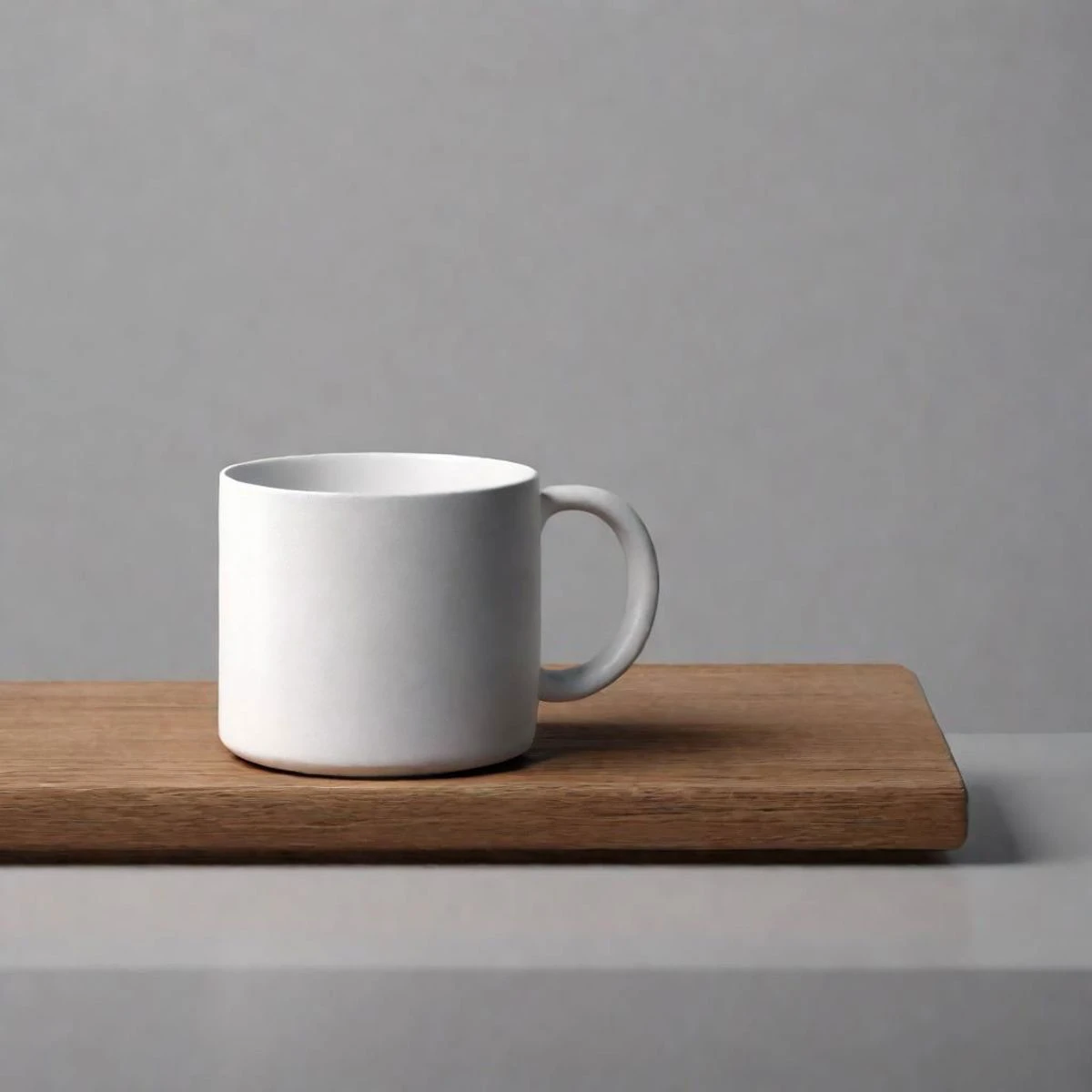 there is a white coffee mug sitting on a wooden table, asset on grey background, minimal shading, blank, [ [ hyperrealistic ] ], award-winning picture, empty background, high rendering, solid object in a void, white mug