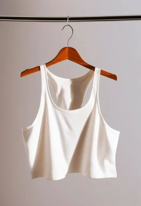 a close up of a white short midriff singlet hanging on a hanger, isolated background, studio lighting, product photography, professional, sharp focus, from below,