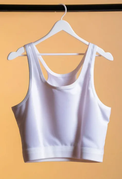 a close up of a white padded midriff singlet hanging on a hanger, isolated background, studio lighting, product photography, professional, sharp focus,