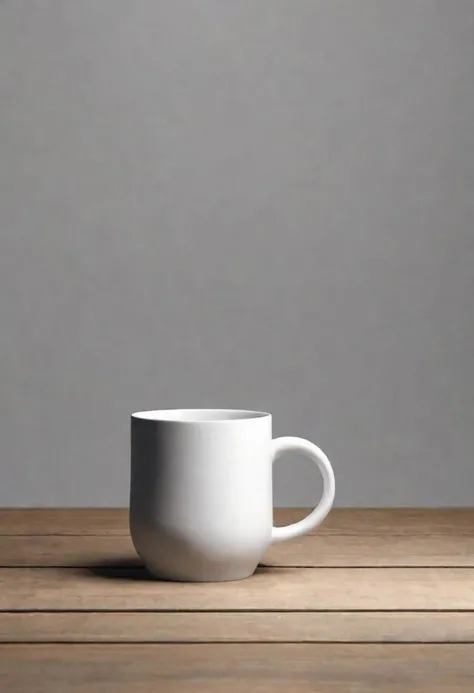 there is a white coffee mug sitting on a wooden table, asset on grey background, minimal shading, blank, [ [ hyperrealistic ] ], award-winning picture, empty background, high rendering, solid object in a void, white mug