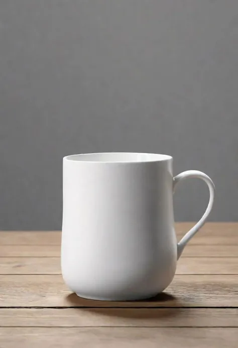 there is a white coffee mug sitting on a wooden table, asset on grey background, minimal shading, blank, [ [ hyperrealistic ] ], award-winning picture, empty background, high rendering, solid object in a void, white mug