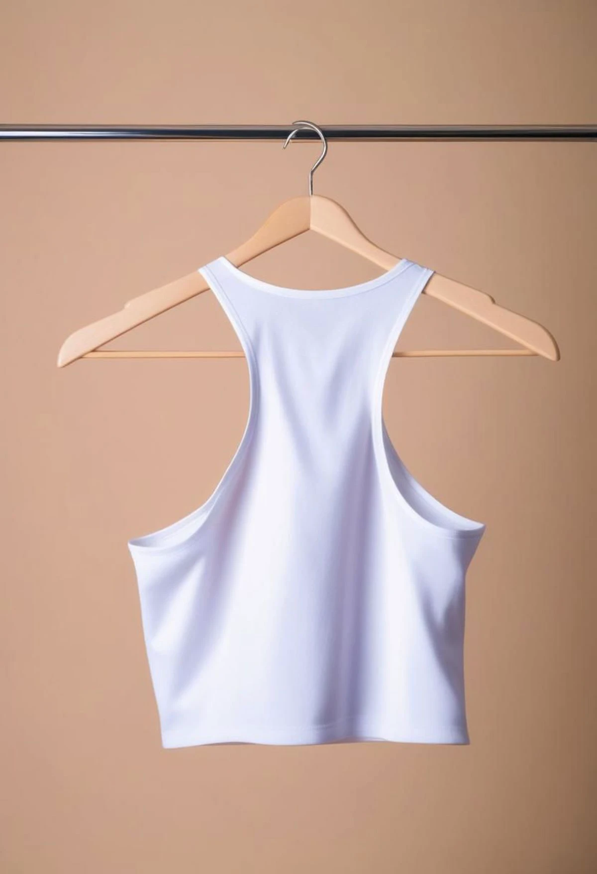a close up of a white short midriff singlet hanging on a hanger, isolated background, studio lighting, product photography, professional, sharp focus, from behind,