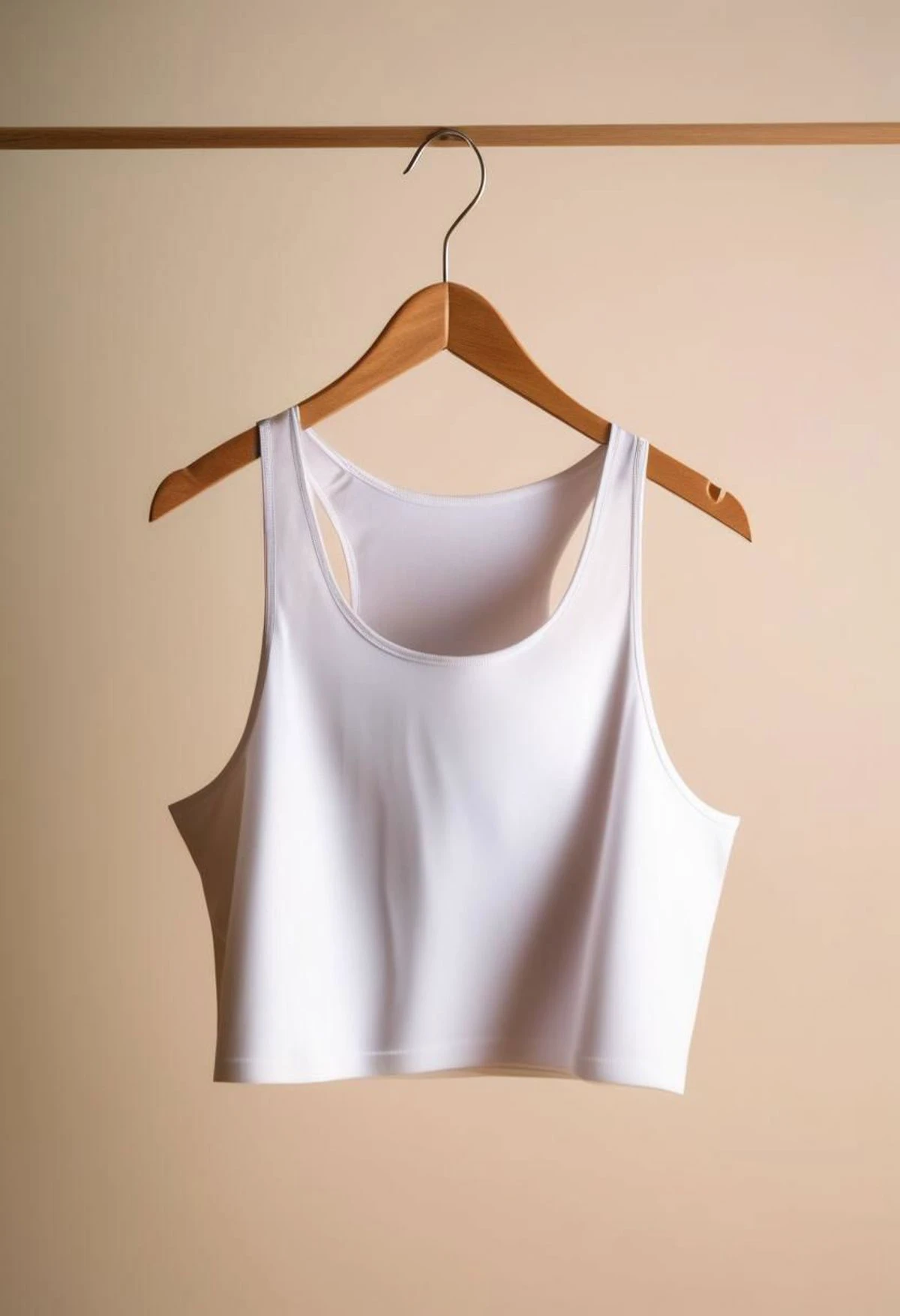 a close up of a white short midriff singlet hanging on a hanger, isolated background, studio lighting, product photography, professional, sharp focus, from below,