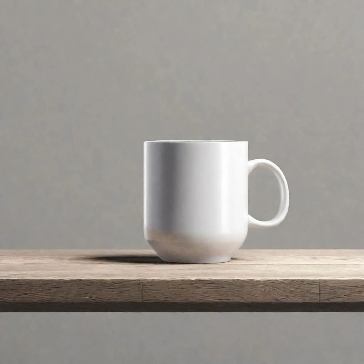 there is a white coffee mug sitting on a wooden table, asset on grey background, minimal shading, blank, [ [ hyperrealistic ] ], award-winning picture, empty background, high rendering, solid object in a void, white mug
