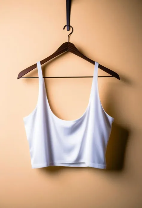 a close up of a white short midriff singlet hanging on a hanger, isolated background, studio lighting, product photography, professional, sharp focus,