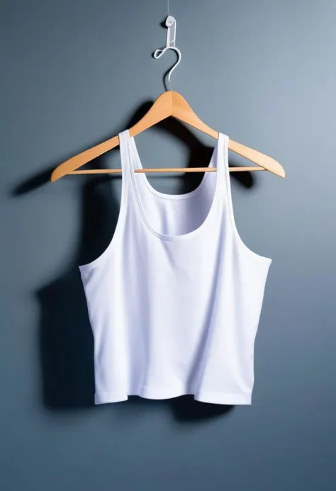 a close up of a white short midriff singlet hanging on a hanger, isolated background, studio lighting, product photography, professional, sharp focus,