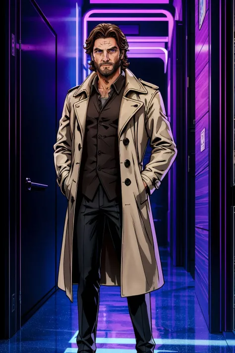 <lora:bigby-07a:0.5>, bigbyTWAS_soul3142, purple theme , 1man, facial hair, beard, trench coat, pants, standing, black pants, looking at viewer,
