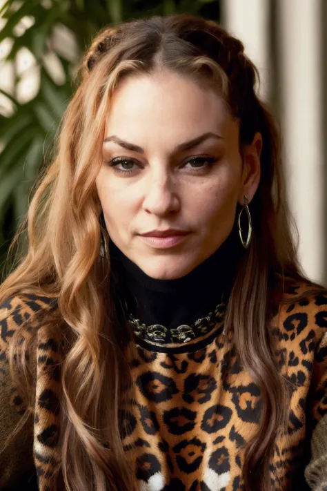 dreM1 piercing eyes, looking straight, very happy,long hair, wearing a leopard design sweater, choker, closeup portrait, in a outdoor cafe in 2015, afternoon light