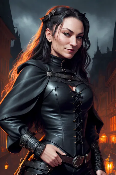 photo of dreM1 as a witch, (black witch outfit), evil smile, pointing at person, fall season background, fine-face, realistic shaded perfect face, fine details. Realistic shaded lighting poster by Ilya Kuvshinov katsuhiro, magali villeneuve, artgerm, Jeremy Lipkin and Michael Garmash, Rob Rey and Kentar Miura style, trendin