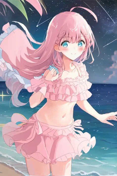<lora:mafu-000006:1>,(master piece:1.3),(best quality:1.3), cowboy shot, (1girl:1.2), solo,( long hair:1.3), (floating hair:1.2), (ahoge:1.1), (blush:1.1),(seductive smile:1.1),medium breasts, standing, looking at viewer, (sea:1.3),(starry sky:1.3) ,beach, water, (pink frilled_bikini:1.3) ,<lora:pastelMixStylizedAnime_pastelMixLoraVersion:0.8>