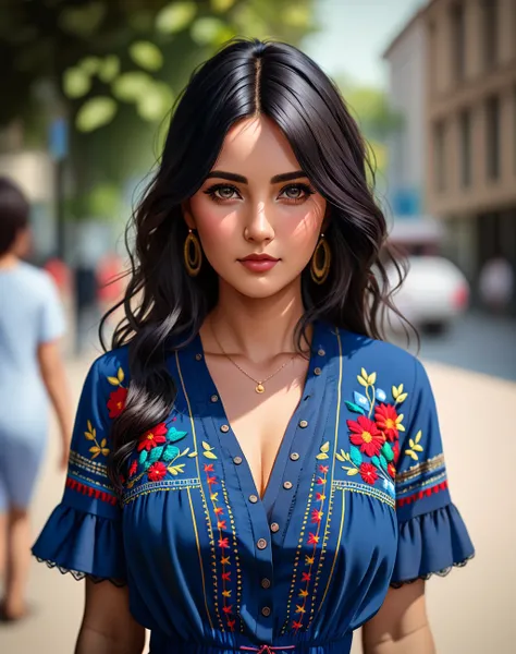 Masterpiece, absurdres,award winning photo, extremely detailed, amazing, fine detail, extremely detailed eyes and face, by lee jeffries nikon d850 film stock photograph 4 kodak portra 400 camera f1.6 lens rich colors hyper realistic lifelike texture dramatic lighting unrealengine trending on artstation cinestill 800 tungsten, beautiful dark haired woman, (realistic human proportions:1.25)
<lora:Playsuit:0.85>,playsuit, woman wearing a blue playsuit, superb embroidery, red floral print, walking down the street, (full body picture:1.225),
<lora:Summer_Dress:0.45>, wearing a summer dress