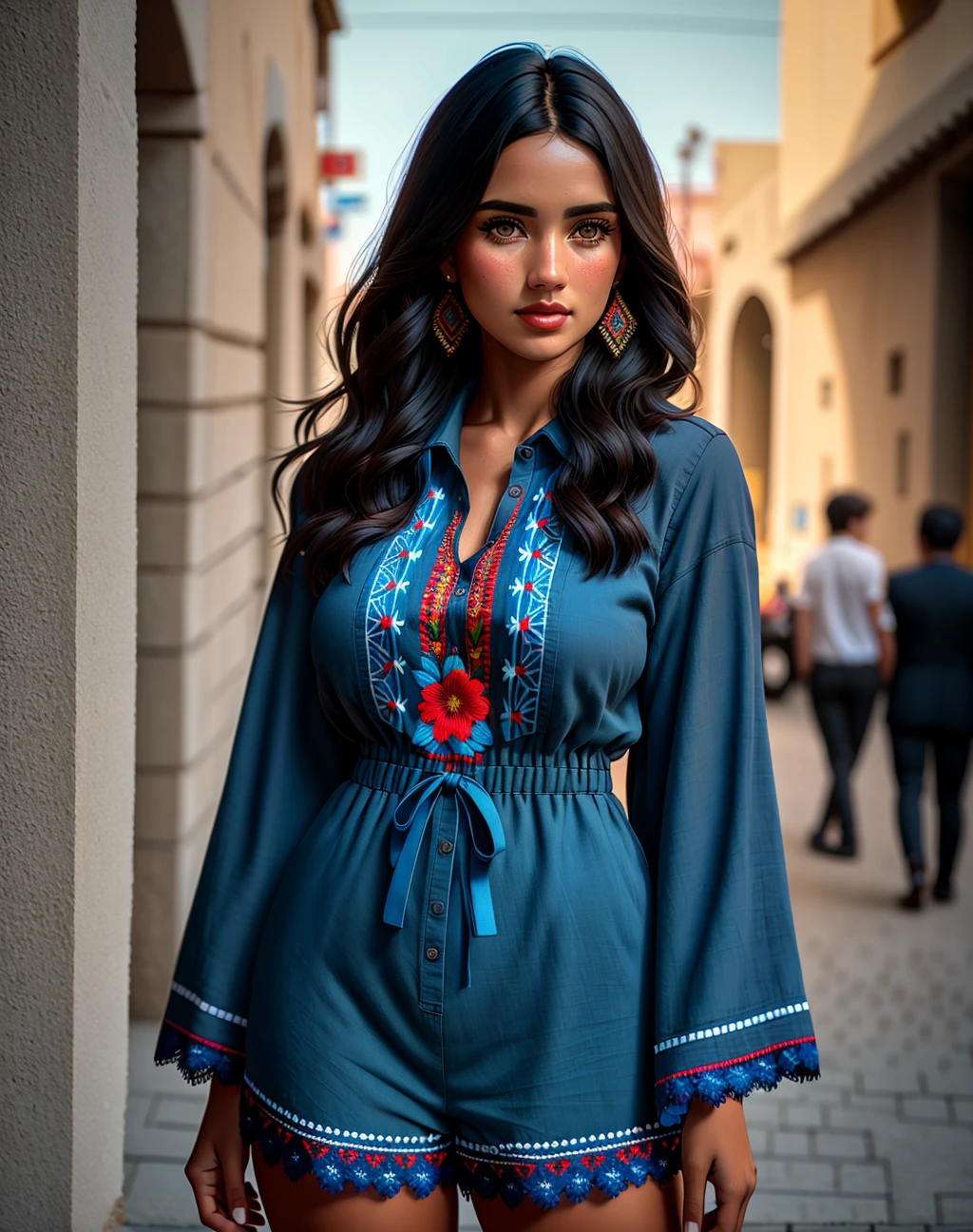 Masterpiece, absurdres,award winning photo, extremely detailed, amazing, fine detail, extremely detailed eyes and face, by lee jeffries nikon d850 film stock photograph 4 kodak portra 400 camera f1.6 lens rich colors hyper realistic lifelike texture dramatic lighting unrealengine trending on artstation cinestill 800 tungsten, beautiful dark haired woman, (realistic human proportions:1.25)
<lora:Playsuit:0.85>,playsuit, woman wearing a blue playsuit, superb embroidery, red floral print, walking down the street, (full body picture:1.225),
<lora:Summer_Dress:0.45>, wearing a summer dress